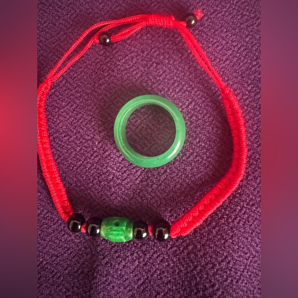 Green Jade Ring with Red Cord Beaded Bracelet Set